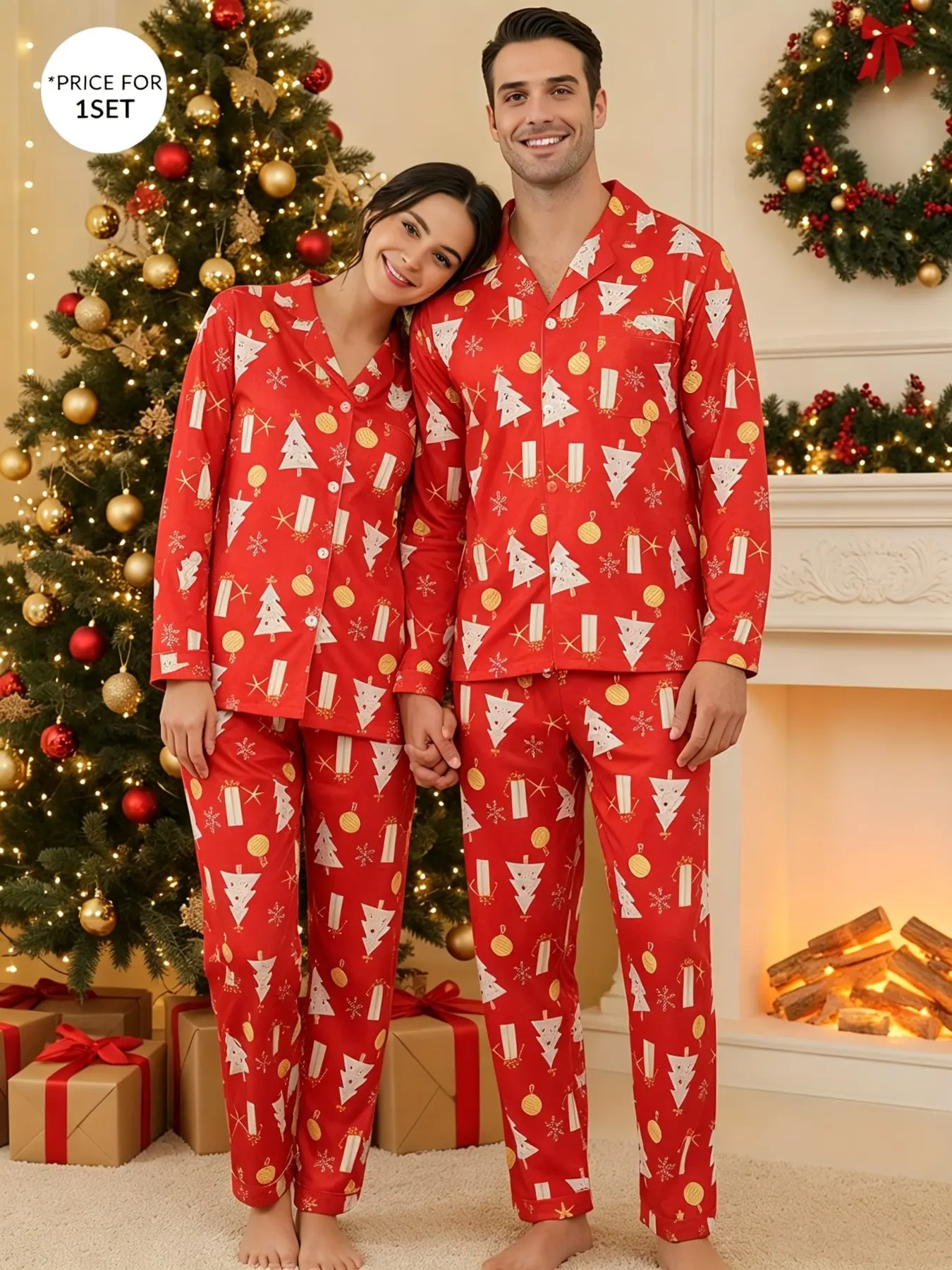 Couple Christmas Pajamas Set, Festive Xmas Tree Print Long Sleeve Button Down Sleepwear, Soft Matching Family Loungewear for Holiday Nightwear.