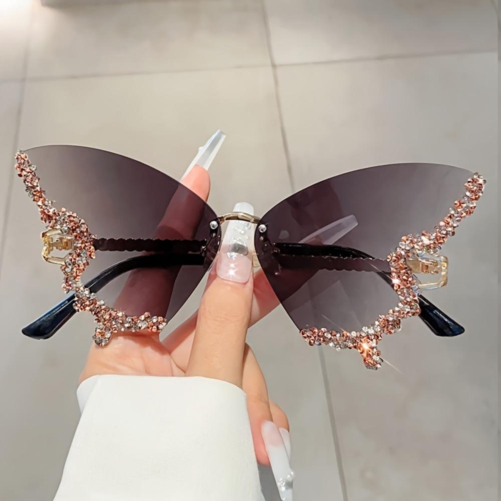 1 Count Rhinestone Decorated Butterfly Design Sunglasses, Durable Material Fashionable Rimless Sunglasses for Women, Elegant All-match Fashion Accessories for Daily Wear, Stylish Glasses, Trendy Styling Sunglasses