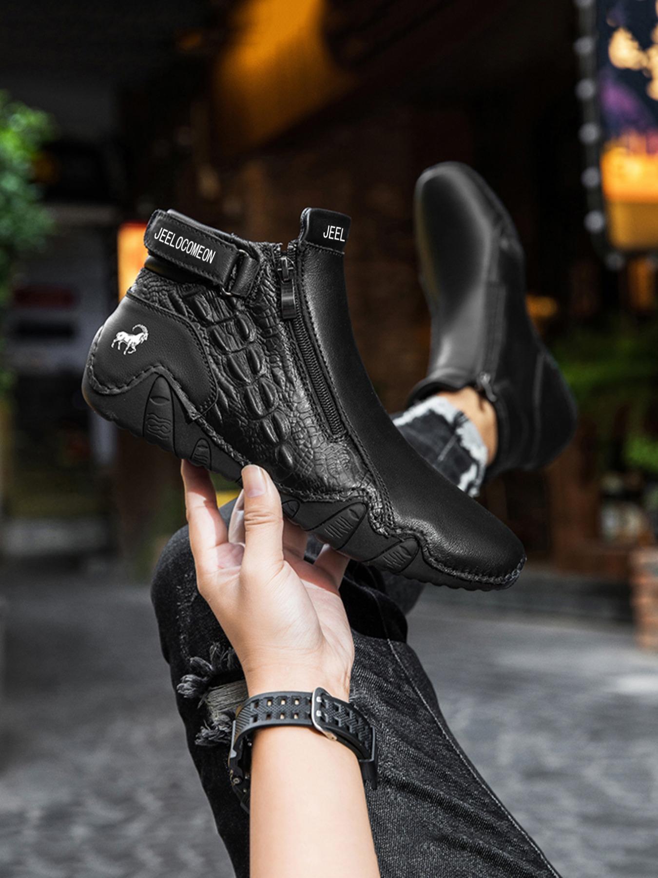 Men's Fashion Ankle Boots, Fashionable Boots, Animal Print, Side Zipper Design, Casual Comfortable Outdoor Shoes, All Season Wear, Trendy and Versatile