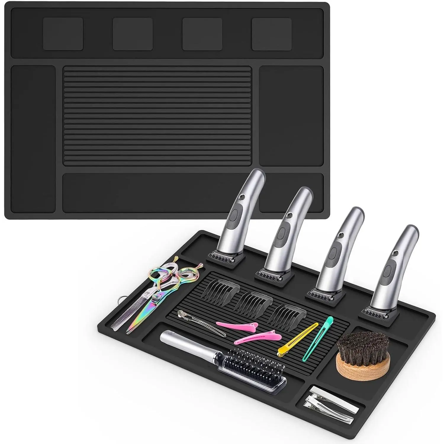 Magnetic Barber Mat for Clippers and Scissors, Flexible Silicone Tool Organizer with 4 Slots, Non-Slip Rubber Salon Pad, Professional Beauty Accessories