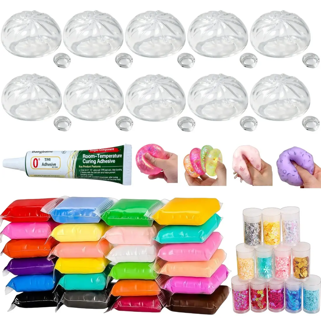 DIY Stress Relief Ball Kit, 10 mini-sized squishy dumpling-shaped skins measuring 4.5cm, including 24 colors of clay and 12 colors of glitter powder. This kit allows you to knead pressure balls. Suitable for adult stress relief soft balls.
