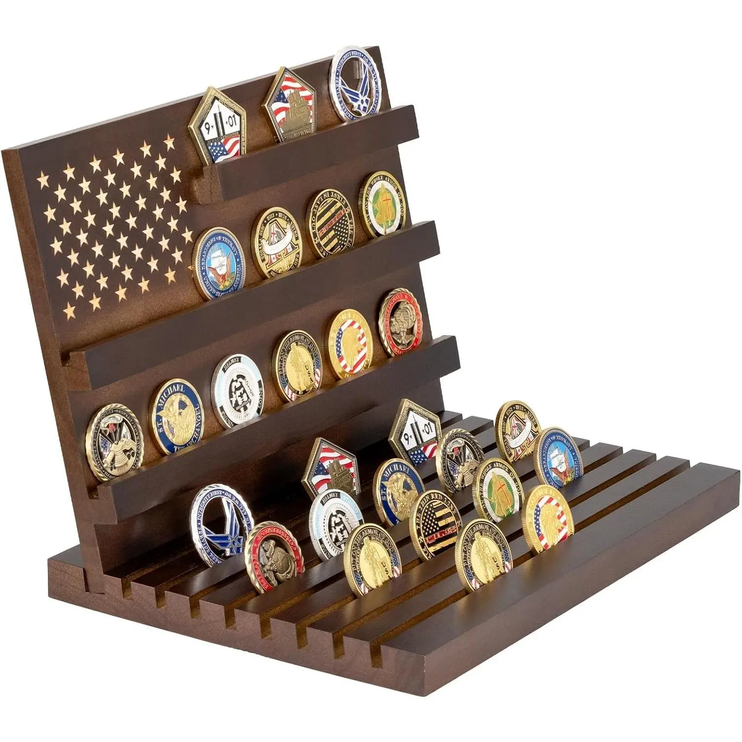 Walnut Military Coin Holder Tabletop Case, Large Slotted Stand Holds 80 Coins 3+8 Racks Solid Wood, Great Gift for Navy Army Police Veterans Collection Desktop Decoration
