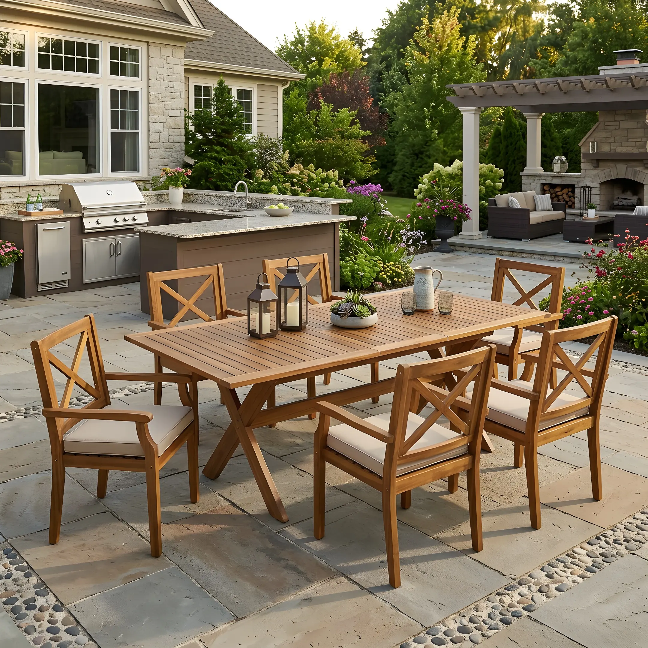 ARCH 7-Piece Acacia Wood Outdoor Furniture Set with Cream Water-Resistant Polyester Foam Cushions, Extendable Dining Table, 6 Teak Finish Chairs, Seats 6 People for Garden Backyard