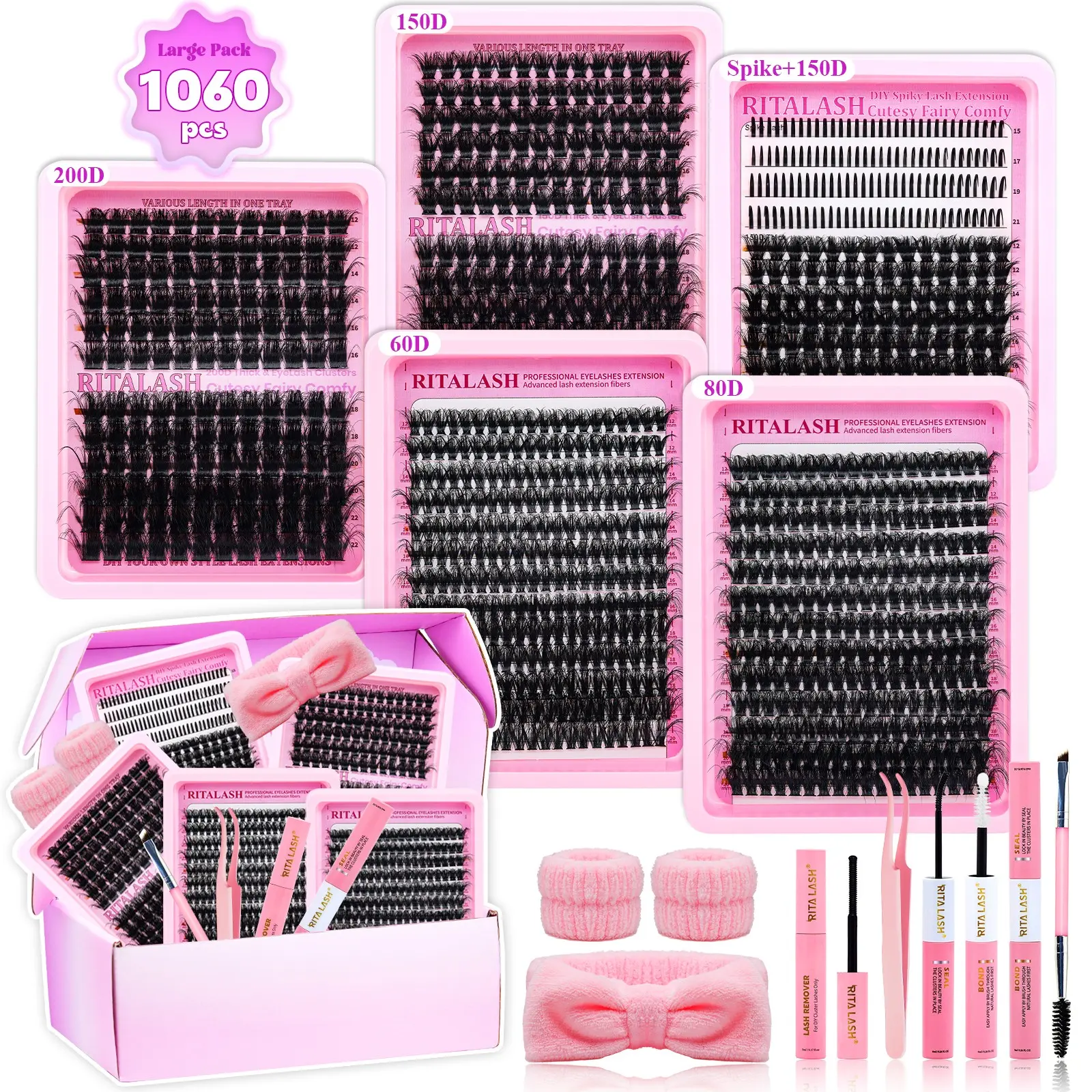 RITALASH 1060PCS Mixed Length Individual False Eyelashes Kit, Hybrid Lash Set, DIY Eyelash Extensions, Natural-Looking Eyelash Extensions with Accessories, Self-Grafting Curling Lashes for Women, Makeup Products