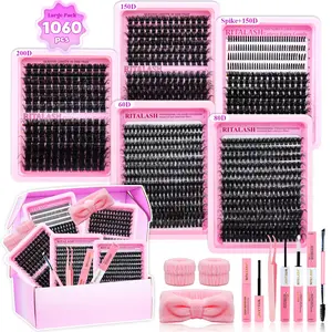 RITALASH 1060PCS Mixed Length Individual False Eyelashes Kit, DIY Eyelash Extensions, Natural-Looking Eyelash Extensions with Accessories, Self-Grafting Curling Lashes for Women, Makeup Products