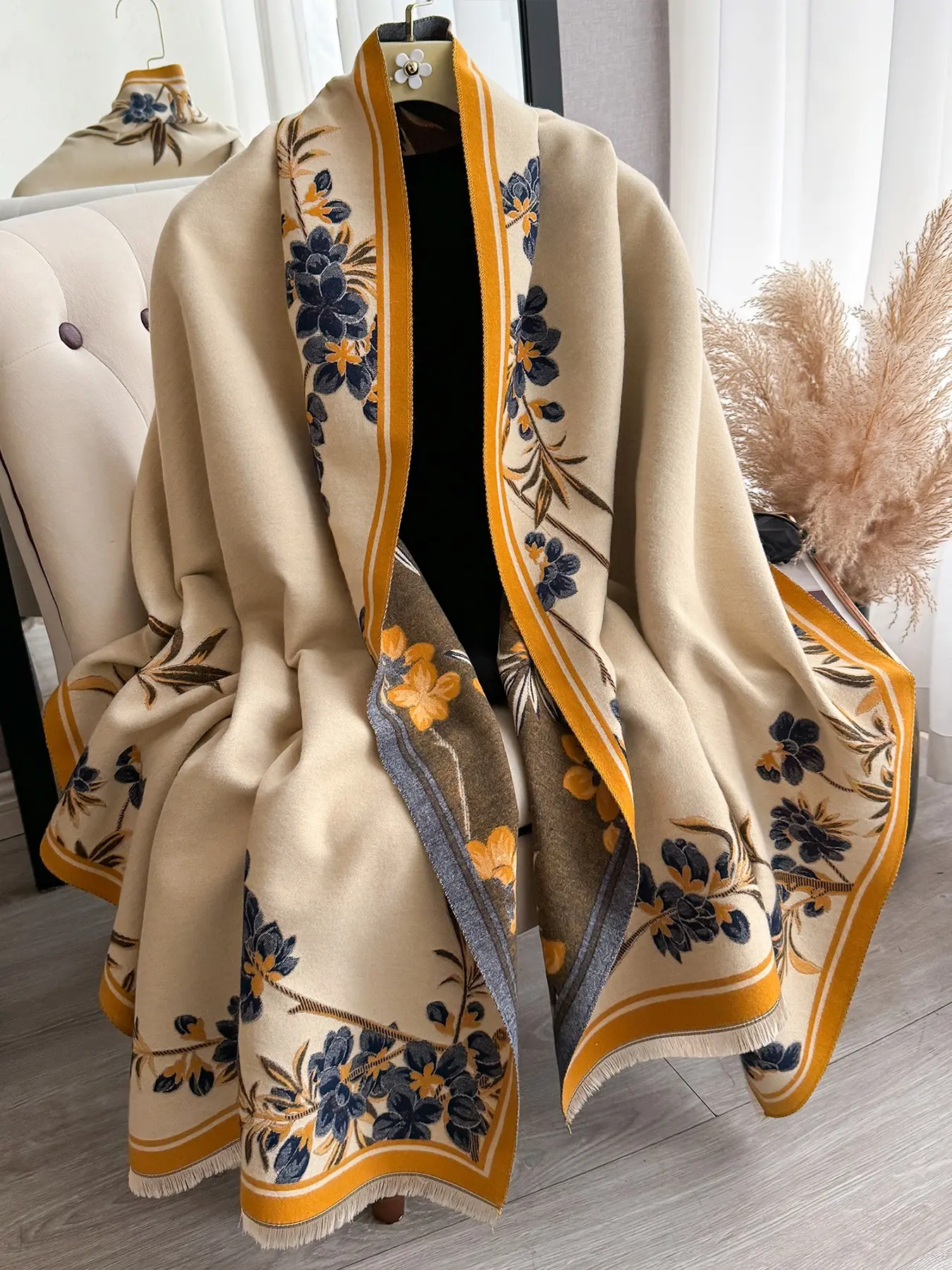 Bohemian Style Reversible Soft Warm Jacquard Imitation Cashmere Scarf, Fashion Plant Pattern Shawl, Perfect for Fall & Winter Daily Wear