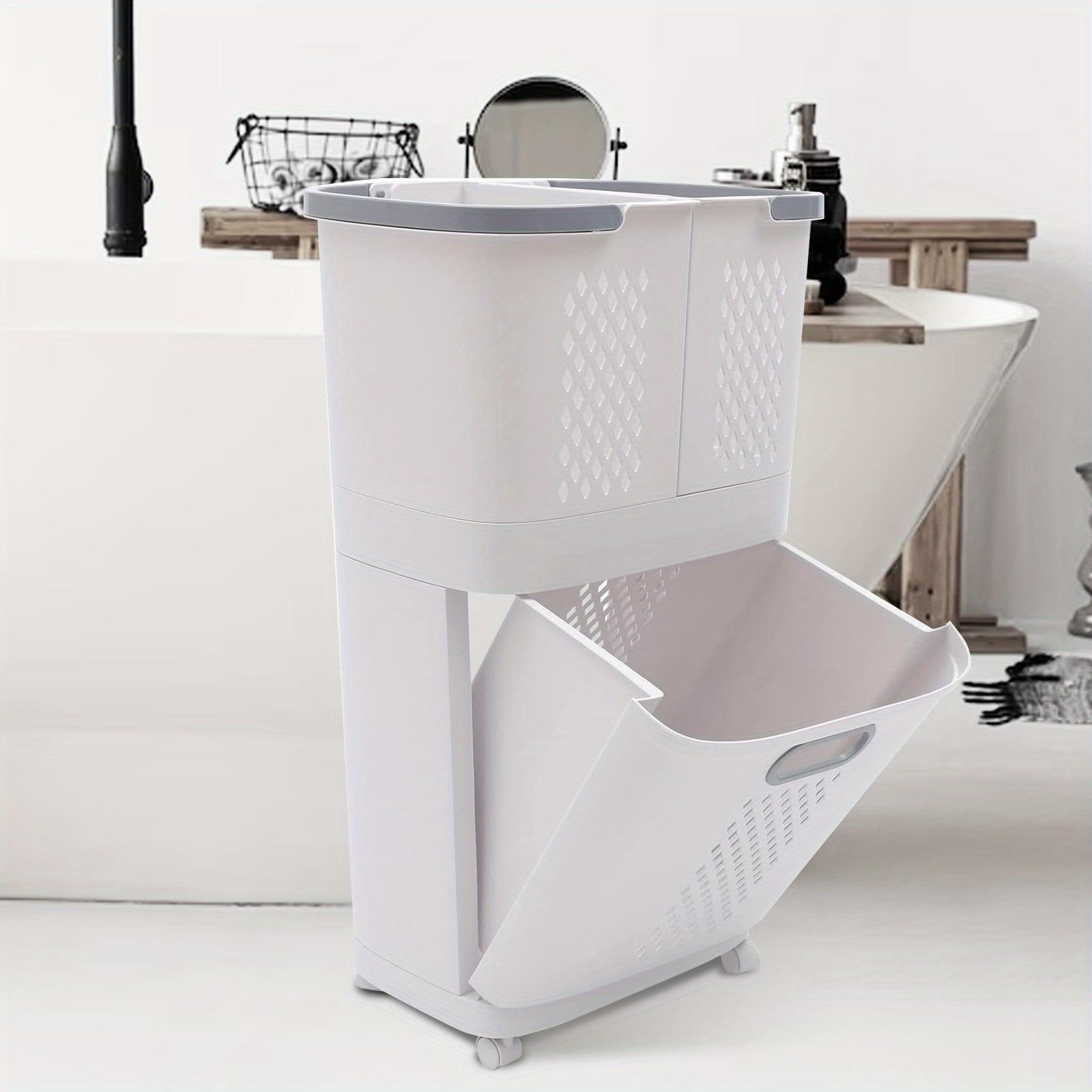 Removable Household Laundry Basket with Wheels, Bathroom Laundry Basket, 2-Layer Rolling Laundry Basket White