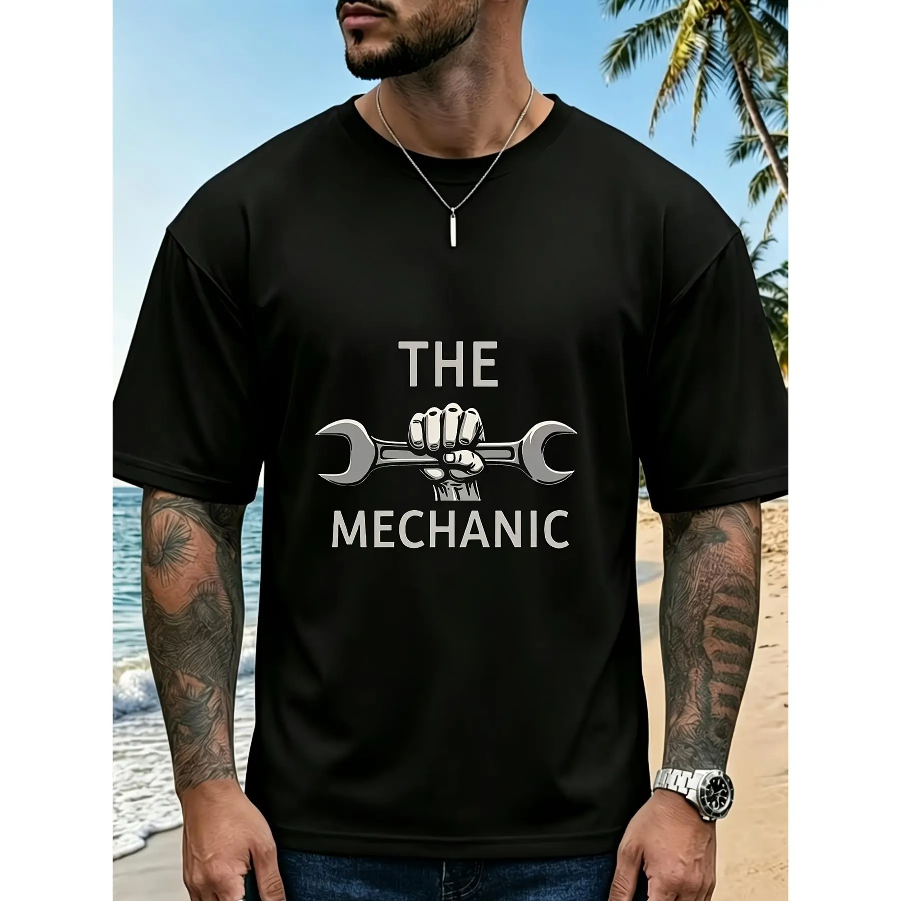 Men'S Heavy-Duty Mechanical-Themed T-Shirt, Dark Blue Base with White Print (Wrench And Bolt Pattern), Mechanic Hand Symbol And Mechanic Text, Casual Workwear Style Short Sleeve Round Neck Deplus Size Retro Casual Round Neck Printed T-Shirt Unisex
