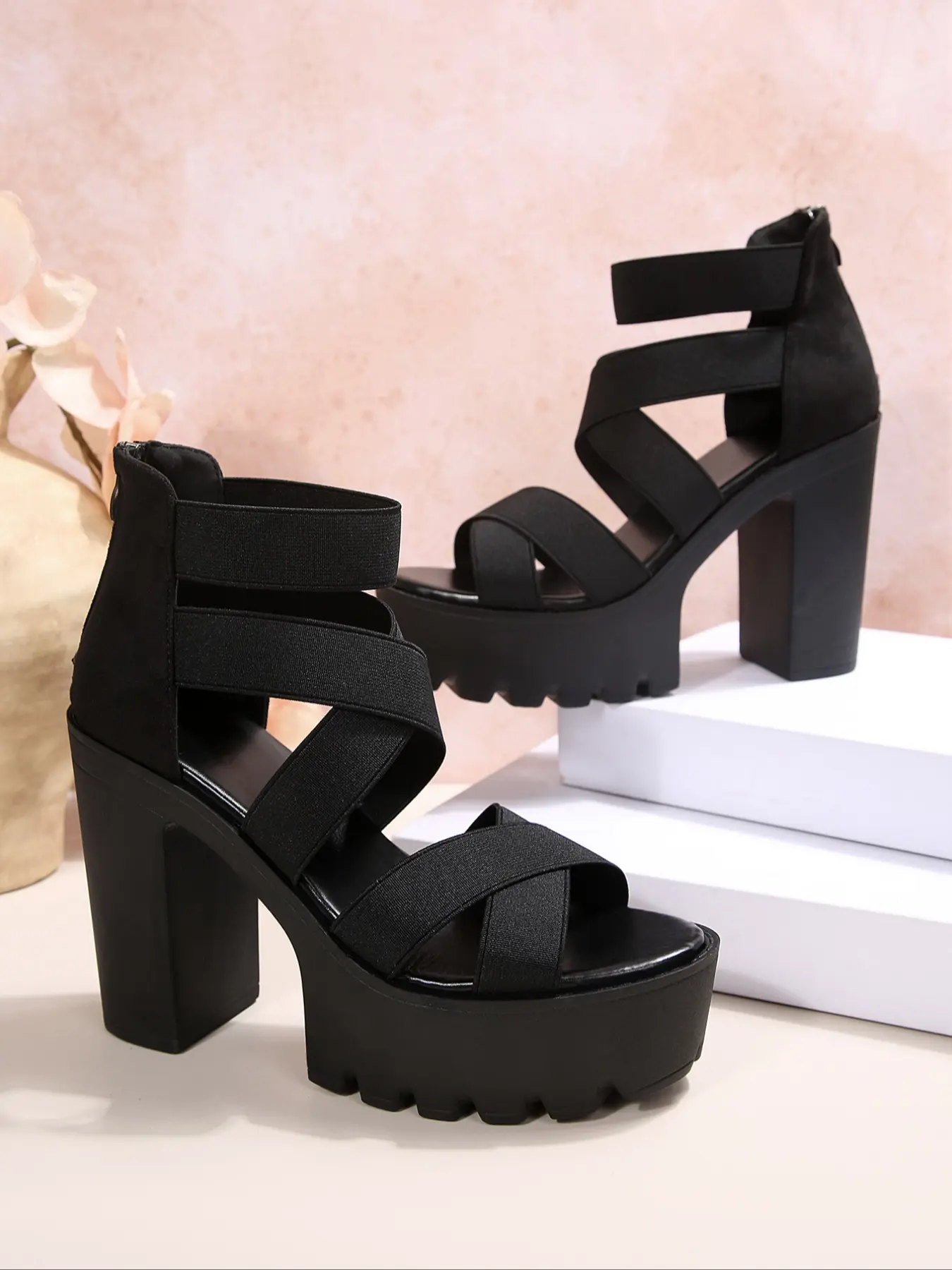 Summer Thick Sole 11.5cm Heel Roman Sandals Women, Cross Strap Back Zipper Waterproof Platform High Heels, Street Punk Style Casual Chunky Heel Shoes