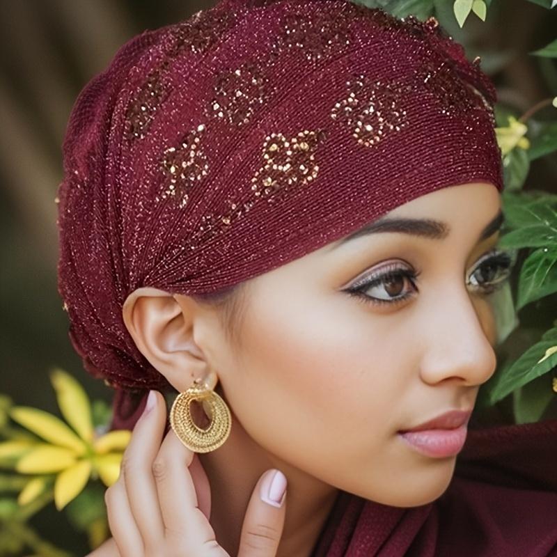 Elegant Women's Rhinestone Floral Turban - Stretchy, Soft & Breathable Head Wrap for Ramadan |   Red/Black