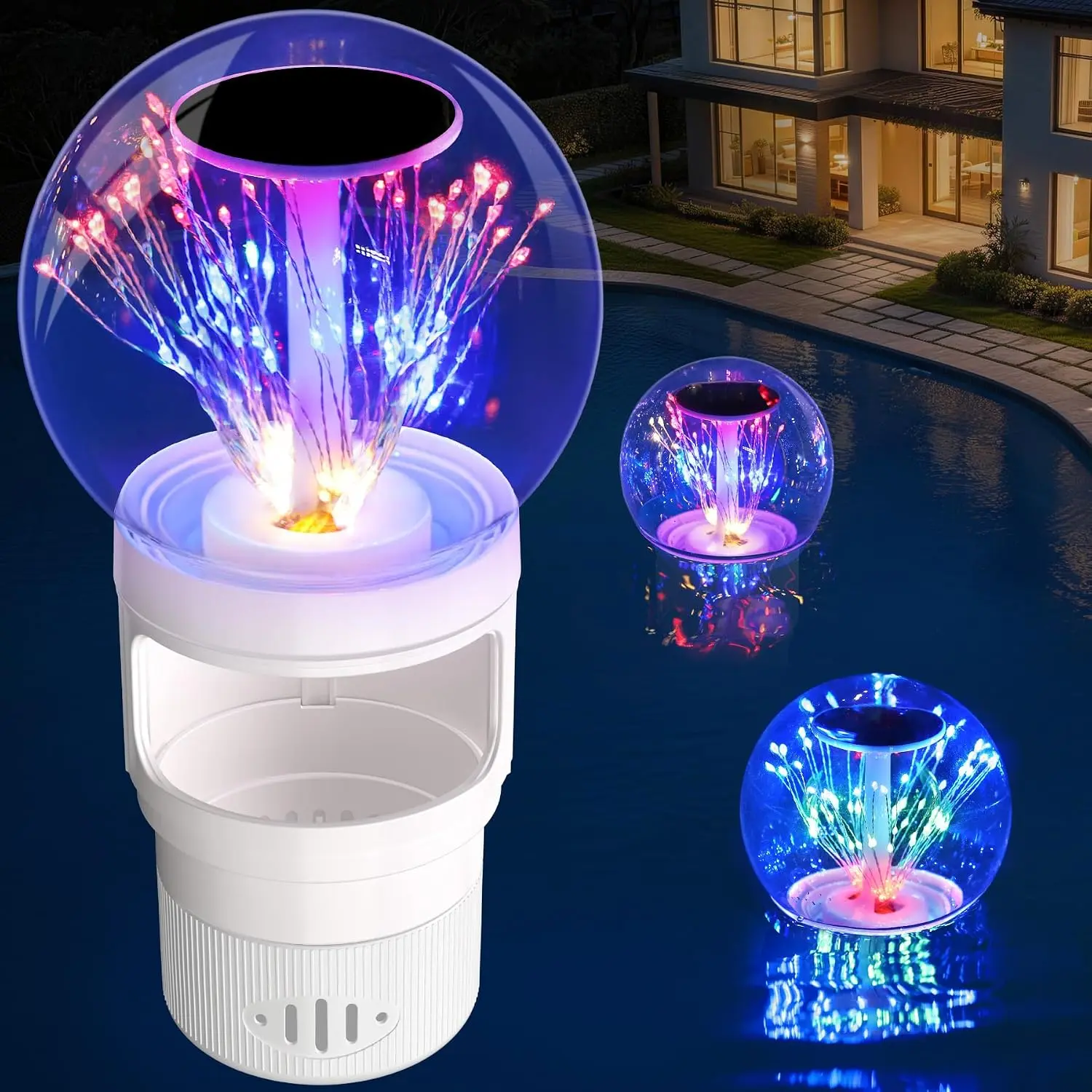 2026 Upgraded Pool Chlorine Floater with Firework Light,Solar Chlorines Floaters w/Adjustable Release,Large Capacity Chlorine Floater,Floating chlorines Dispenser for Pool,Hot Tub,White