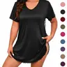 [Plus Size] Contrast Mesh Sheer V Neck Nightdress, Soft Comfy Short Sleeve Nightgown for Women, Women's Sleepwear & Loungewear for All Seasons, Casual Soft Nightgown