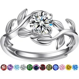 0.8CT Adjustable Women Leaf Ring, 12-Month Birthstone Rings for Women 6mm Round-Cut Simulated Gemstone Statement Engagement Stackable Ring, White Gold, Open Size 5-9