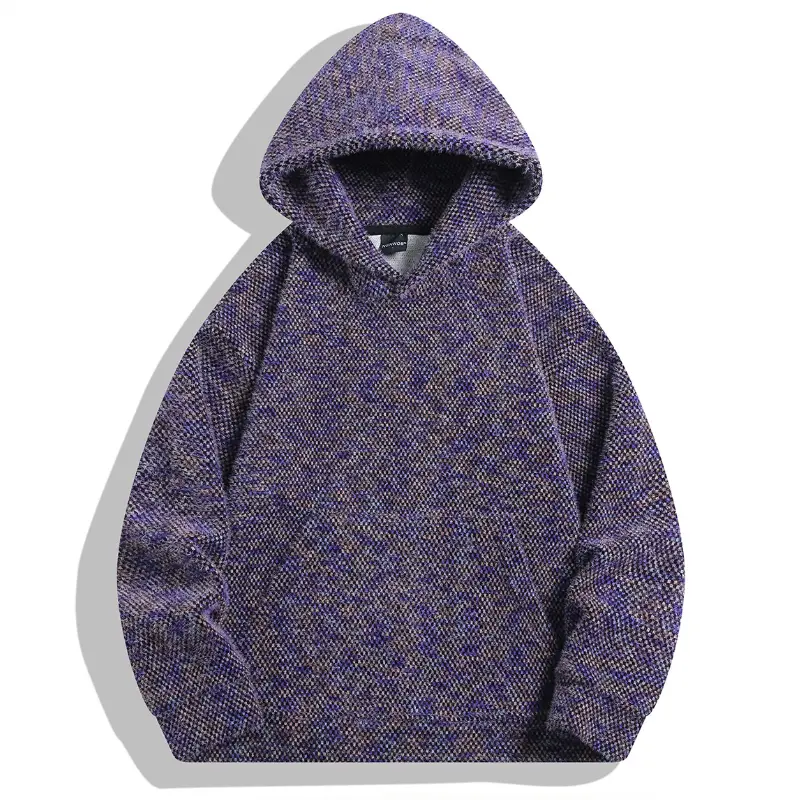 Men's Purple Heather Blended Knit Hoodie Tops - Menswear Sweatshirts, Mixed Yarn Textured Fabric, Drop-Shoulder Cropped Silhouette, Stylish Long Sleeve Retro Street Style, Suitable for Daily Commuting, Casual