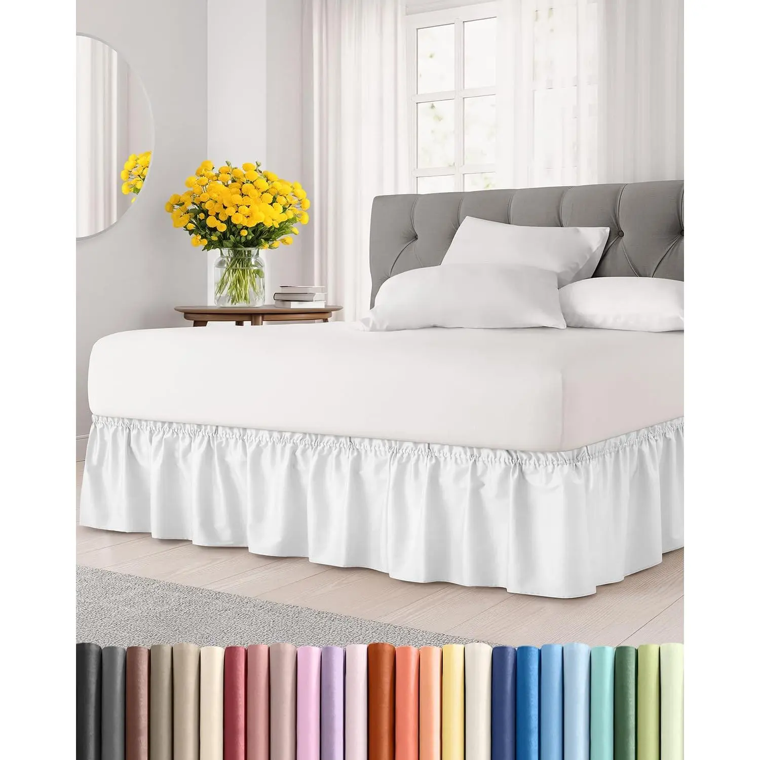Pleated Edge Wrap Around Dust Ruffle Bed Skirt - White Queen Size - 15 in Drop, Elastic Strap, Brushed Microfiber Poly, Wrinkle Free - for Kids & Teens