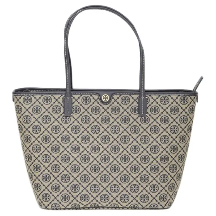 Tory Burch T Monogram Classic Print Zip Top Tote Bag for Women – Navy