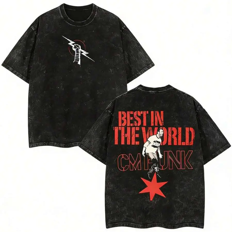 Vintage Washed Best In The World Graphic T Shirt Double Sided Print Wrestling Merch Streetwear Casual Everyday Outfit Adult Mens Womens Loose Short Sleeve Tee For Sports Gathering Hangout