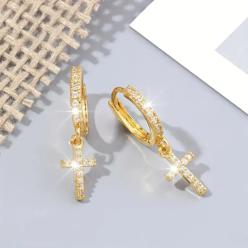 A Pair of Copper Micro-Inlaid Synthetic Zirconia Cross Earrings, Exquisite and Charming Valentine's Day Gift Suitable for Daily and Party Wear
