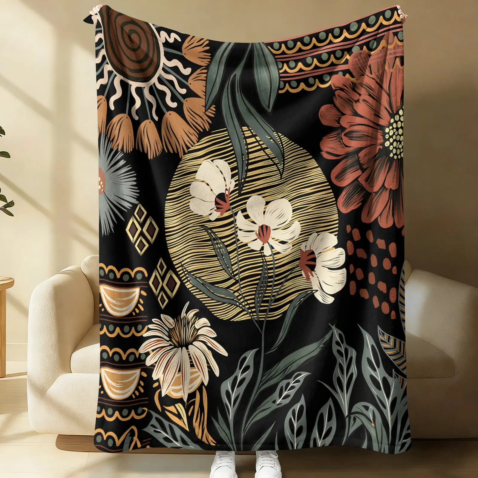 Boho Vintage Floral Sun Geometric Flannel Throw Blanket, Soft Cozy Neutral Earth Tone, Ideal for Living Room Bedroom, Perfect Housewarming Gift