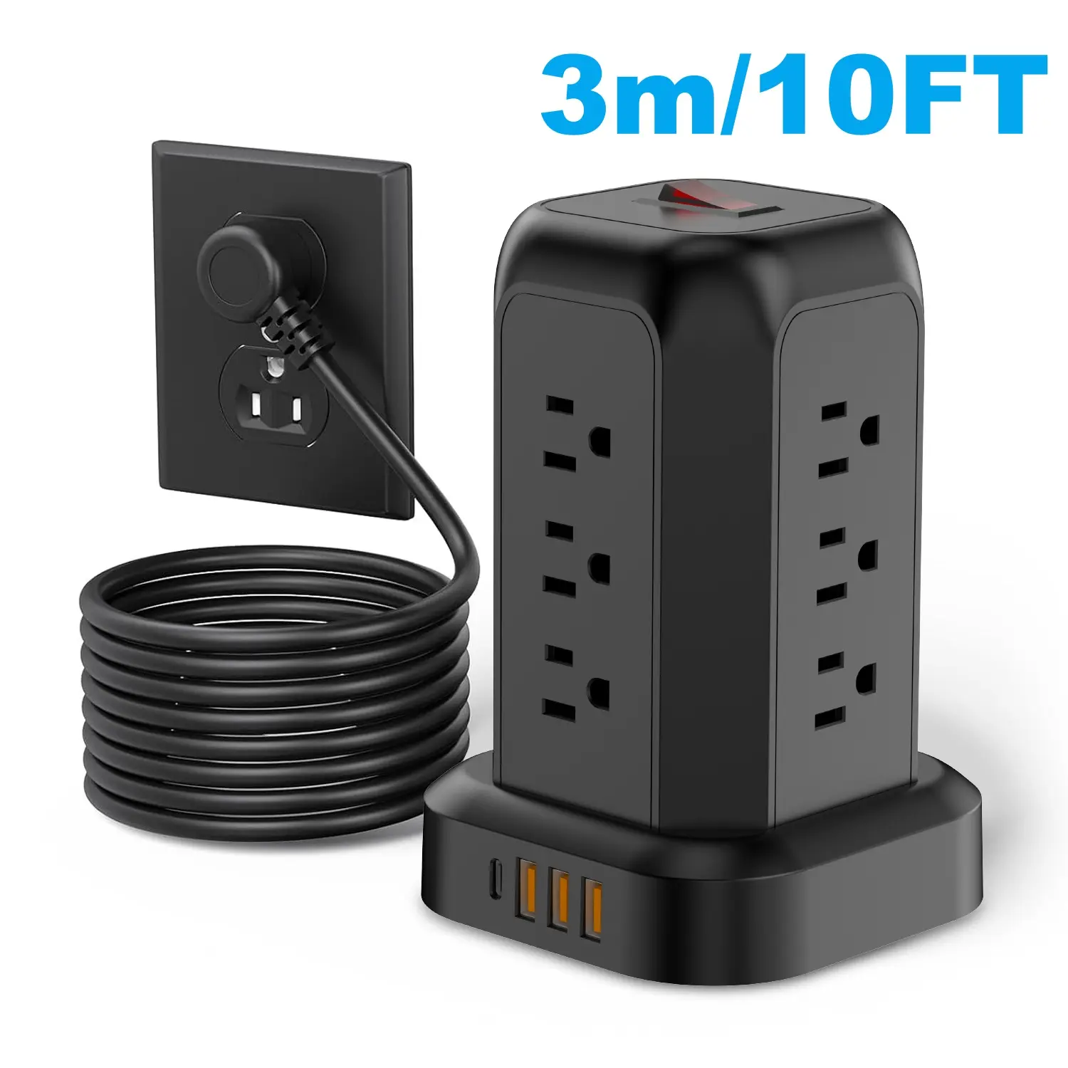 10/4FT New Tower Surge Protector Power Plug, Upgraded Version with Extension Cable and 12 AC Outlets and 4 USB  (1 USB C)Charging Ports for Home Office Dormitory School, Shopping Mall, Restaurant, Factory Must Have