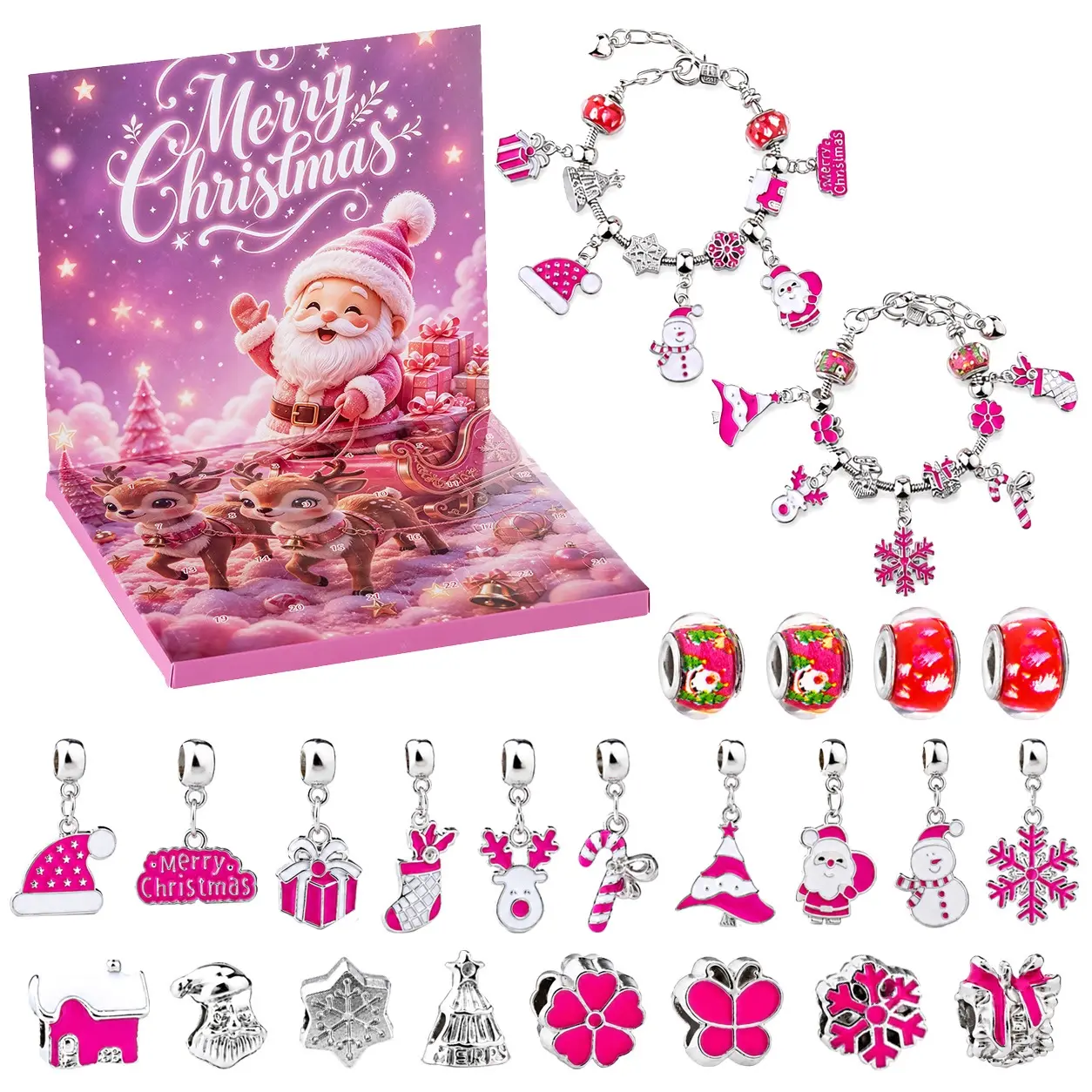 1 Set Christmas DIY Charm Bracelet Beads and Charms Advent Calendar, Pink Santa Xmas Countdown Gift Box with Mix Metal Beads Pendants, Handmade Jewelry Making Kit, Perfect Holiday Gift for Girls Teens and Friends