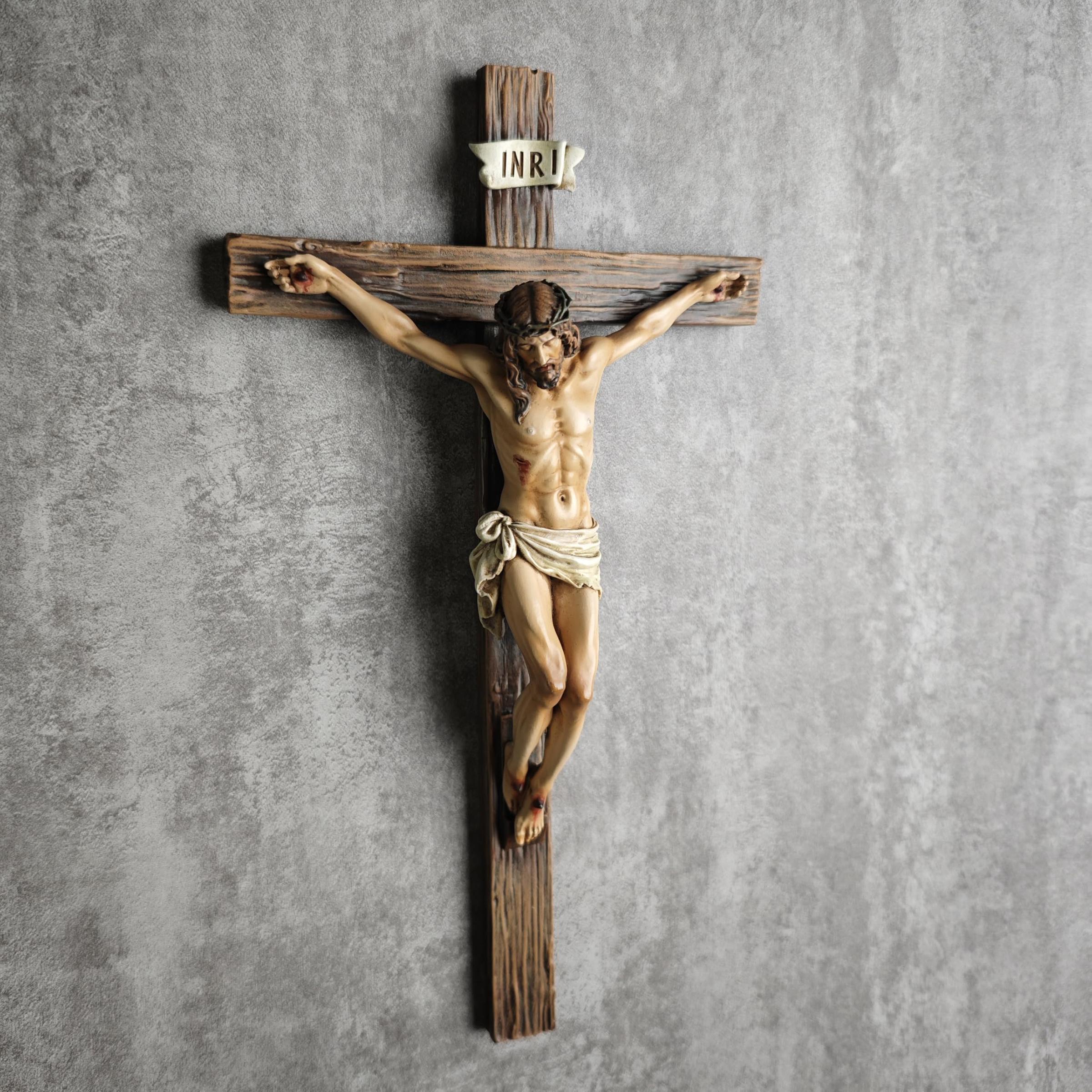 Catholic Crucifix Wall Cross 9.65"H Renaissance Sculpture Handmade Inspirational Home Décor Religious Devout Gift Artistic Detailing Ornaments Decor