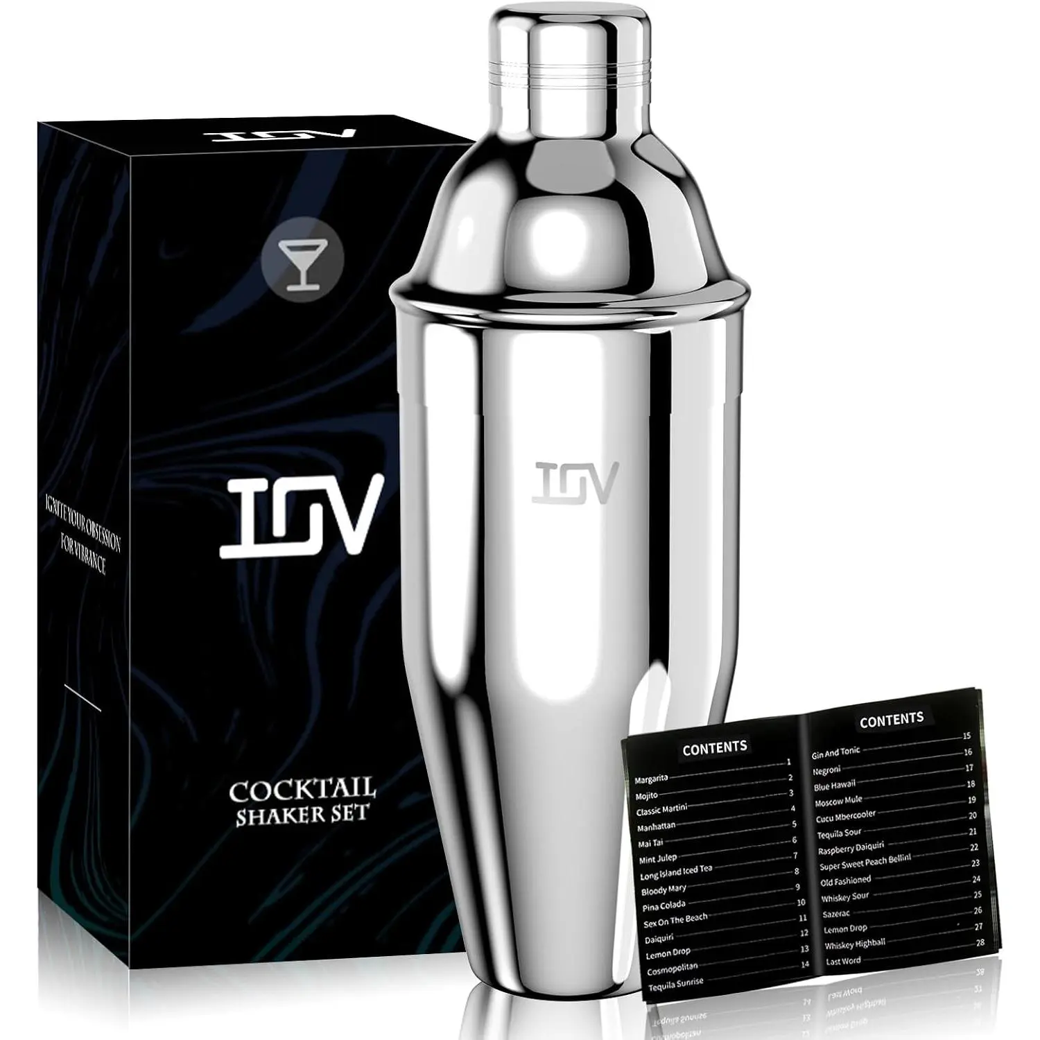 Cocktail Shaker, 24 oz Martini Shaker, Drink Mixer with Built-in Strainer, Professional Stainless Steel Margarita Alcohol Shakers with Cocktail Recipe Guide, Bartender Kit GiftsGift
