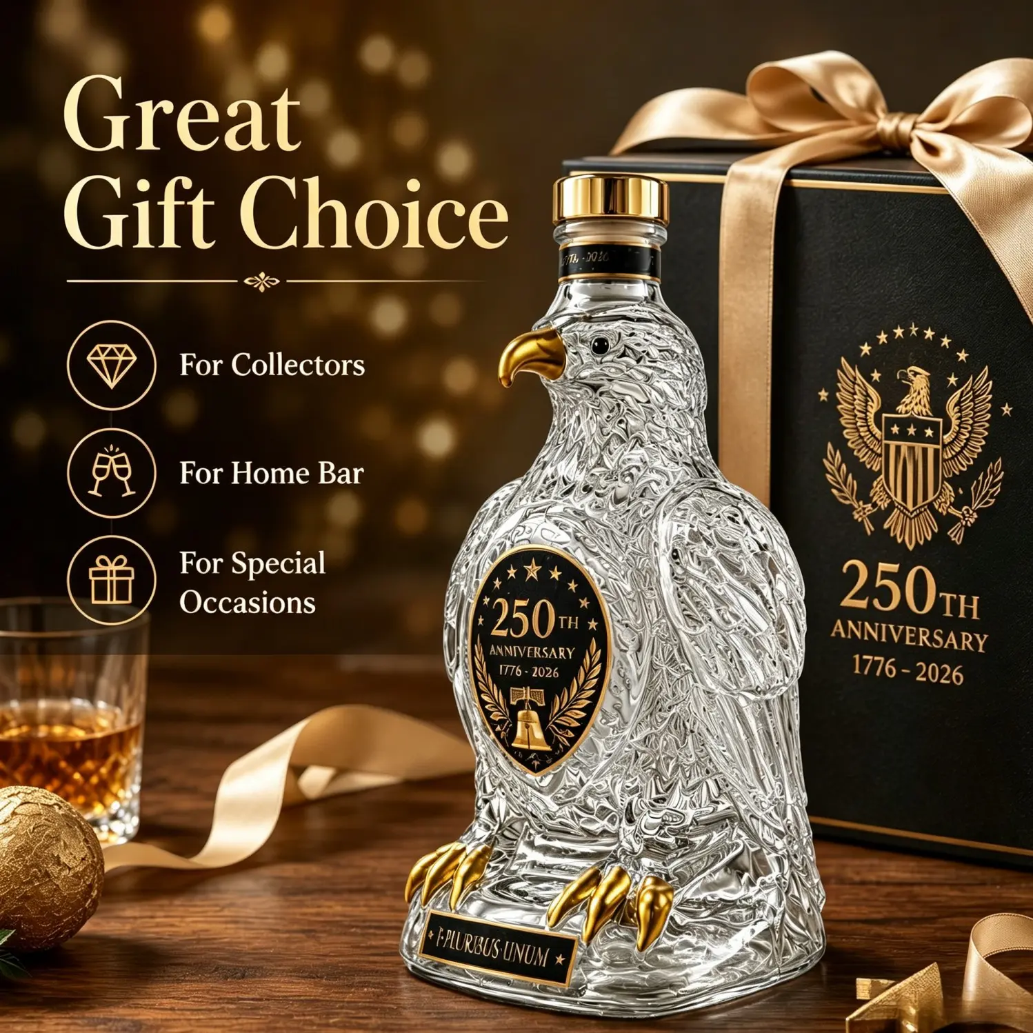 250th Us Anniversary Eagle Shaped Crystal Bottle, Unique Home Bar Decor, Perfect Gift for Collectors, Elegant Crystal Design