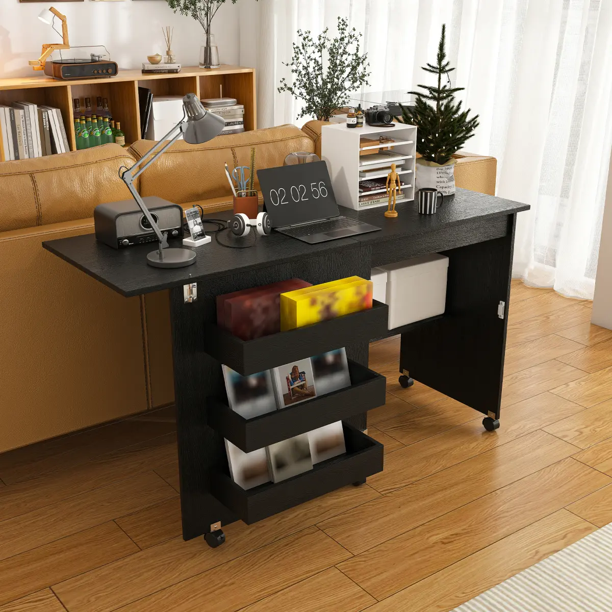 45.67'' 4-in-1 Folding Sewing Table with Lockable Wheels – Multi-Functional Craft Station, End Table, Computer Desk & Kitchen Storage with Shelves, Rolling Sewing Machine Table for Apartments