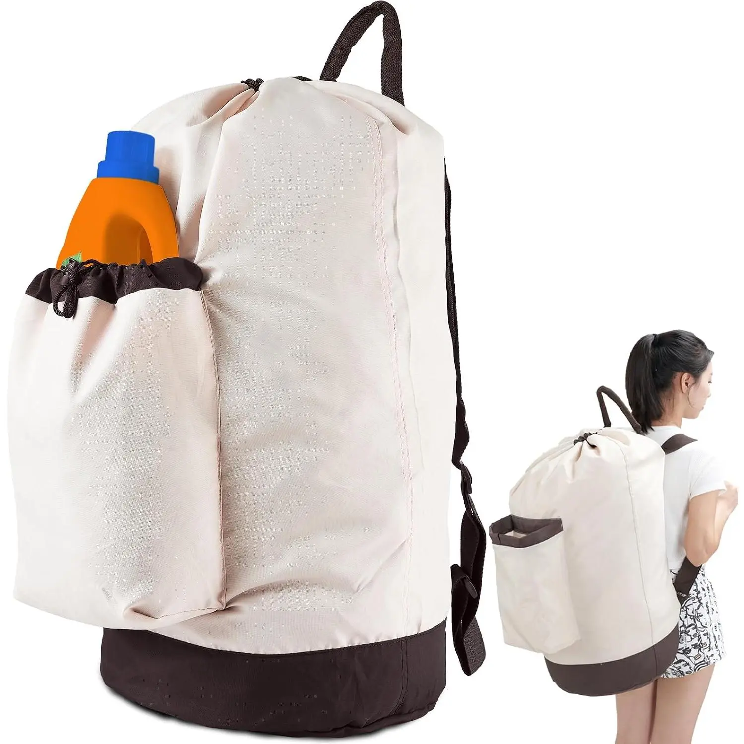 Laundry Bag Backpack with  Straps and Detergent Holder Clothes, Travel Laundry Backpack Bag Hamper for College (Khaki w Brown)