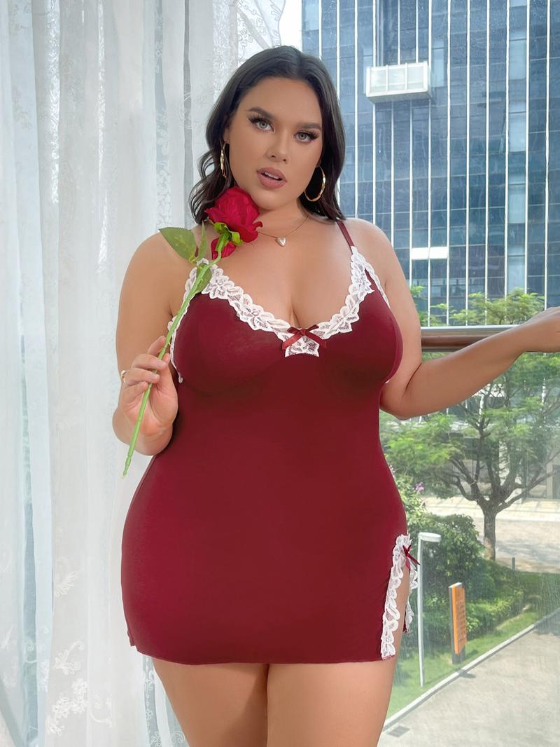 Plus Size Bow Decor Contrast Floral Lace Split Hem Cami Nightdress, Elegant Casual V Neck Sleeveless Nightgown for Summer, Women's Sleepwear for Home Wear