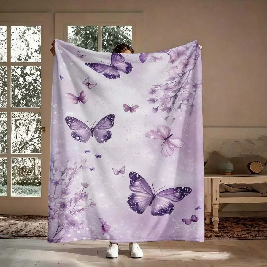 1PC 100% Polyester Purple Gradient Butterflies Wisteria Branches & Starry Splatter Flannel Throw Blanket - Air Conditioning Blanket, Tapestry - Dreamy Mystical Whimsical Home Decor for Room, House - Ideal Gift for Valentine's Day, Birthday, Room Decor, Bu