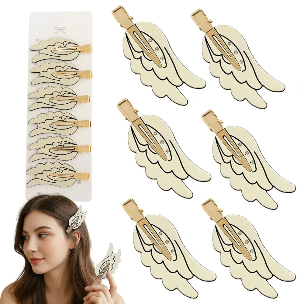 Set of 6 Angel Wing Hair Clips with Rhinestone, No Bend Creaseless Acetate Cartoon Clips for Women Girls Styling Bangs Makeup Hair Accessories, Golden Barrettes Hairpin(White)