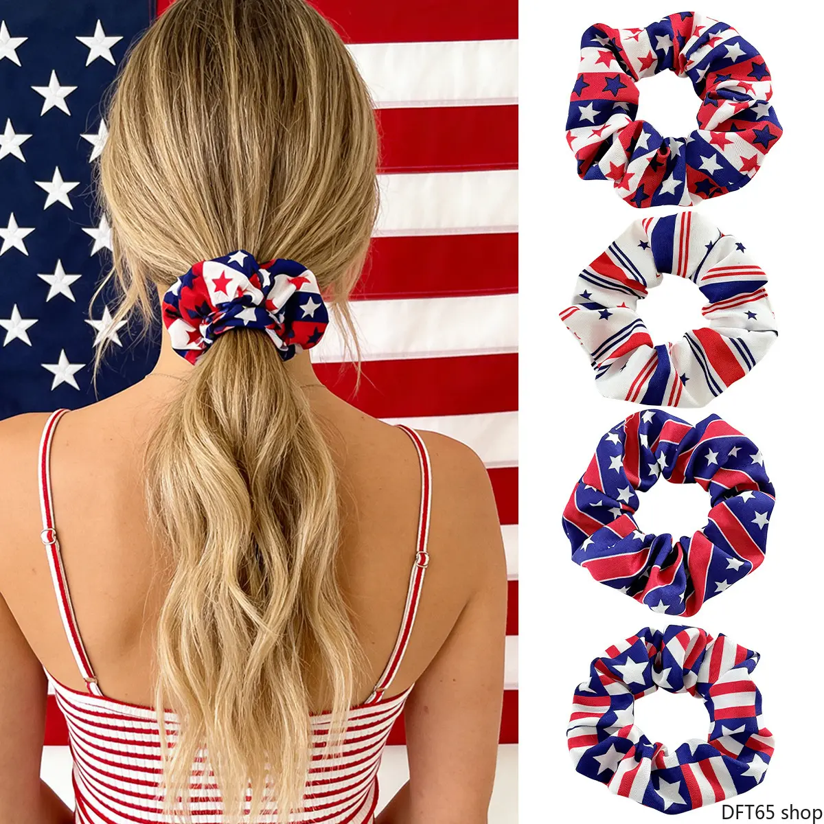 Wide Fabric Scrunchie With Star Stripe Independence Day Print Stretch Resilient Elastic Band Soft Breathable Cloth Light Comfort Fit For Women Holiday Party Matching Daily Festive Styling Patriotic Decorative Hair Accessory