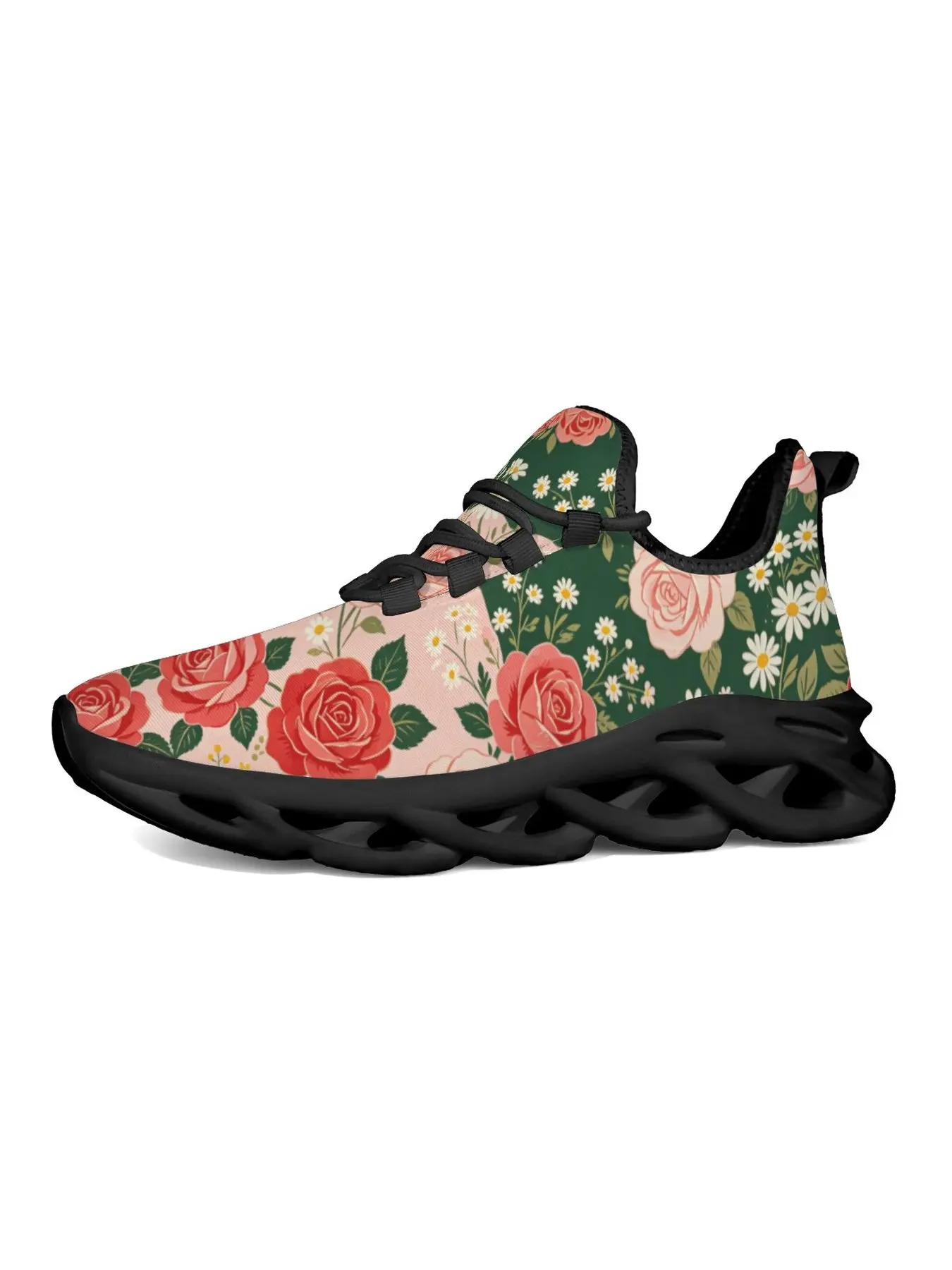 Boho Floral Rose Pattern Fashionable Running Shoes for Women Girls, Vintage Red Pink Flower Daisy Print Sneakers, Breathable Mesh Lightweight Non-Slip Casual Athletic Walking Shoes Fashion