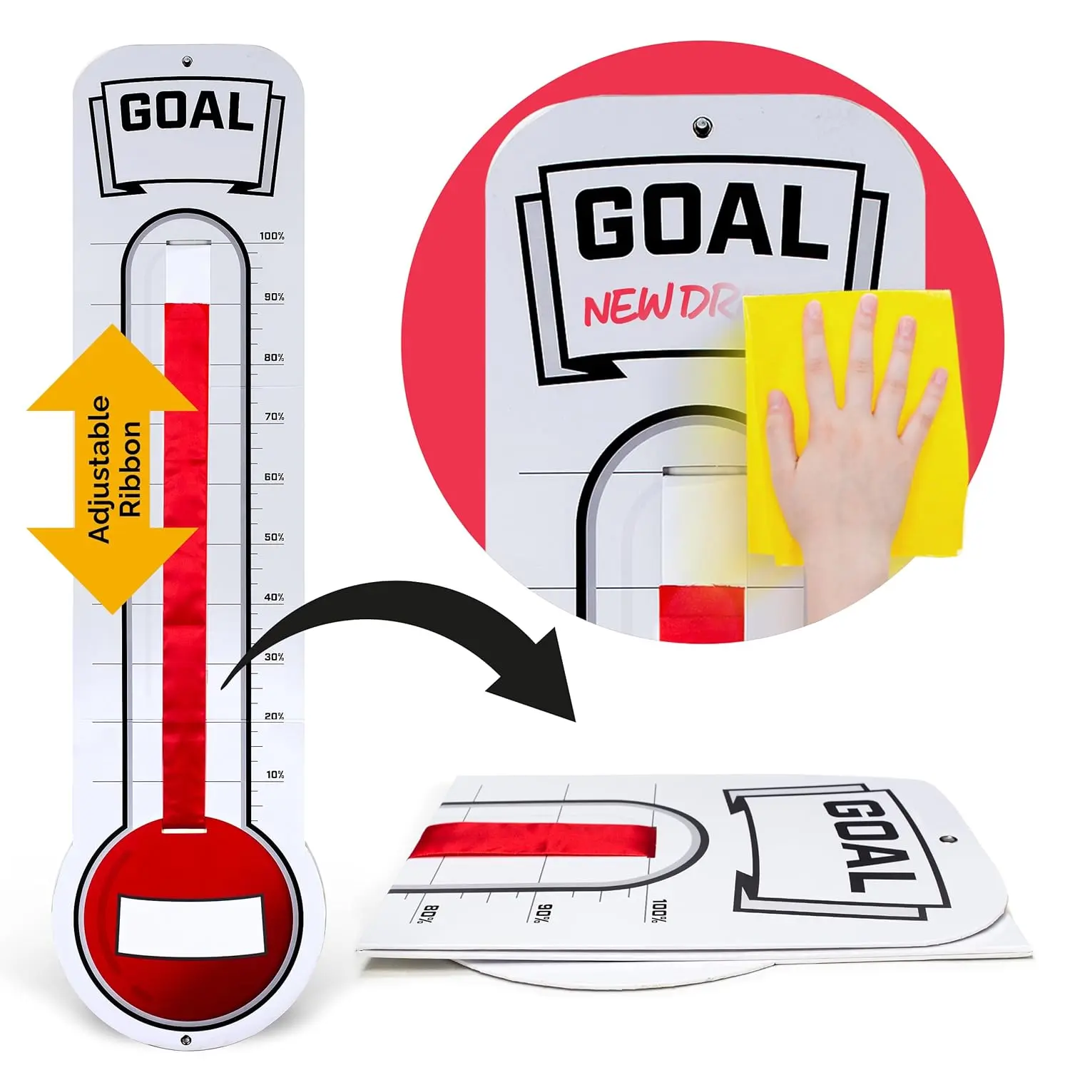 Fundraising Thermometer Chart Goal Tracker Dry Erase Goal Setting Wall Mounted Thermometer Giant Sales Goal Board with Pull-Through Ribbon Progress Tracker (46” x 12”)