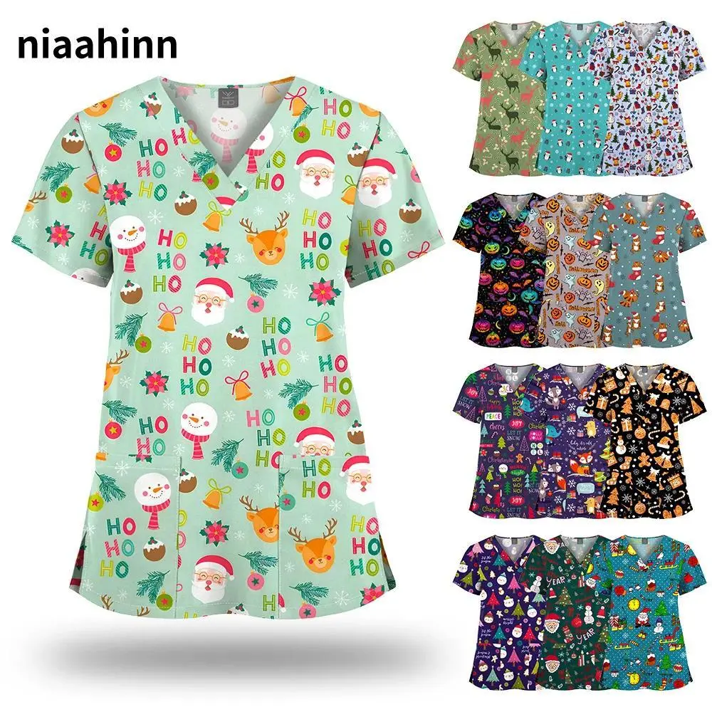 Christmas Printed Nurse Tops Men and Women Surgery T-shirts Quick Dry Scrubs Uniform Nurse Accessories Pet Grooming Work Clothes
