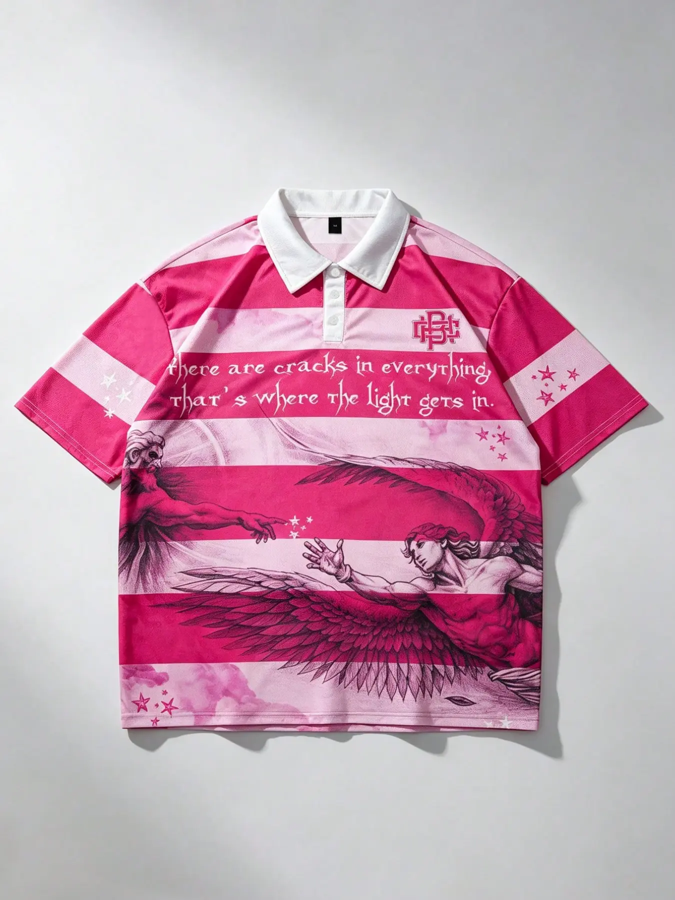 "Genesis" Twin Angels Pink & White Striped Short-Sleeve Polo Shirt; Y2K Retro "Creation of Adam" Graphic Polo (Unisex); Breathable Fabric, Collared, Gothic English Slogan, Loose Fit, Street-Style Design.