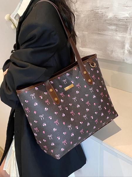 Valentine's Day Gift Women's Elegant Floral Bow Pattern Handbag, personality versatile Daily Shoulder Bag, simple exquisite Casual Fashion   High quality Daily Commuter Bag