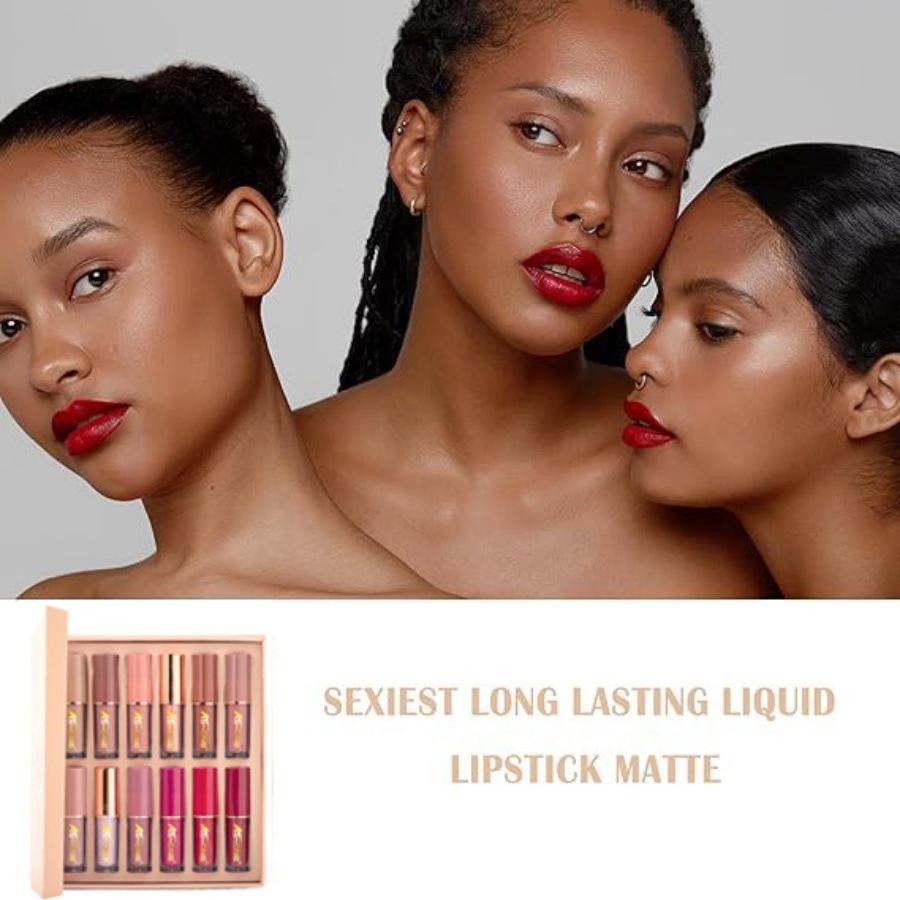 12-Color Liquid Lipstick Gift Set – Matte Pearlescent Finish, Non-Fading, Long-Lasting, Moisturizing for Full Lip Color, Everyday Lip Makeup & All-Day Wear - Perfect Beauty Gift for Women, Lip Cosmetics & Makeup Sets