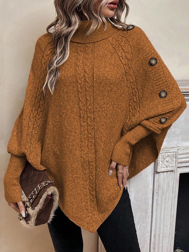 Women's Plain Fake Buttons Batwing Sleeve Sweater, Casual Long Sleeve High Neck Jumper for Fall & Winter, Fashion Ladies' Knitwear for Daily Wear