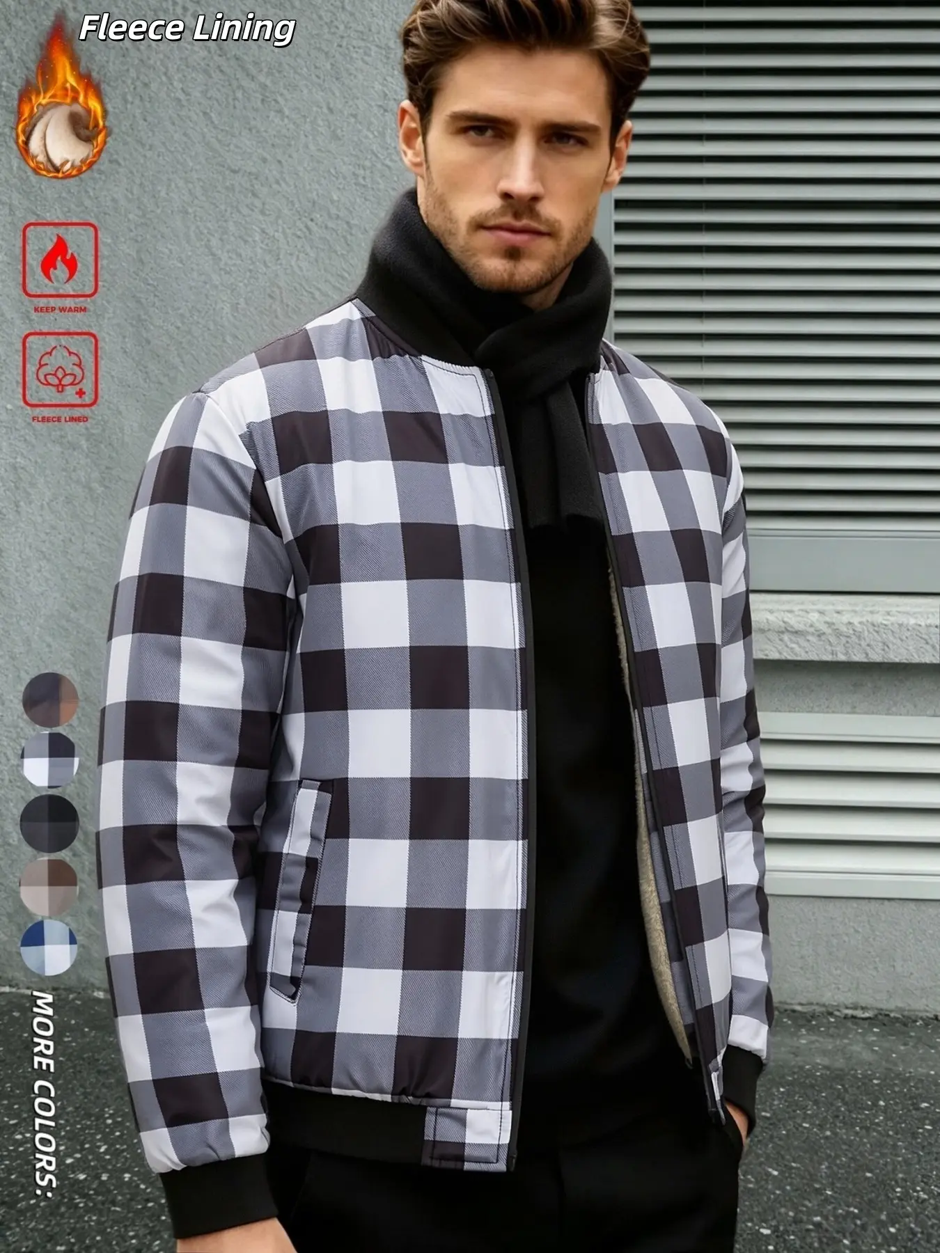 Men's Thickened Windproof Jacket, Vintage Plaid Print Baseball Neck, Loose Fit Side Pockets, Sheepskin Lining, Fall Winter Outerwear
