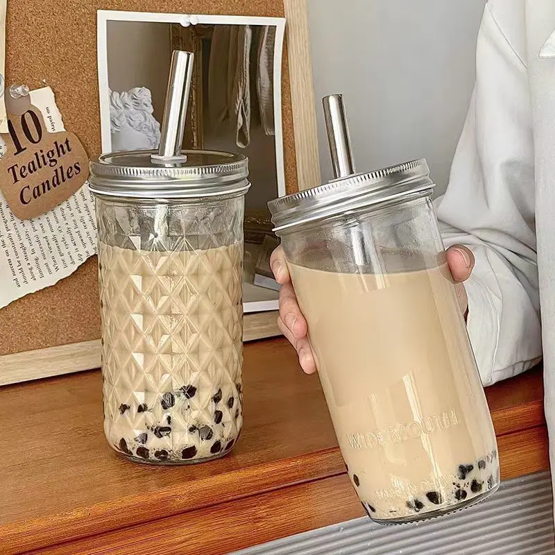 Bubble tea cup bold straw glass ins Mason cup coffee cup large capacity cold drink juice cup Glass Beverage Cups Glass Tumblers Iced Tumblers Drinkware