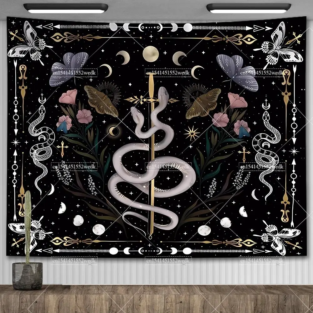 Psychedelic Bohemian Wall Tapestry - Wrinkle-Resistant Synthetic Durable Home Decor with Moon Phase, Stars, Butterfly, Snake, Tarot Altar Cloth for Living Room Christmas Backdrop