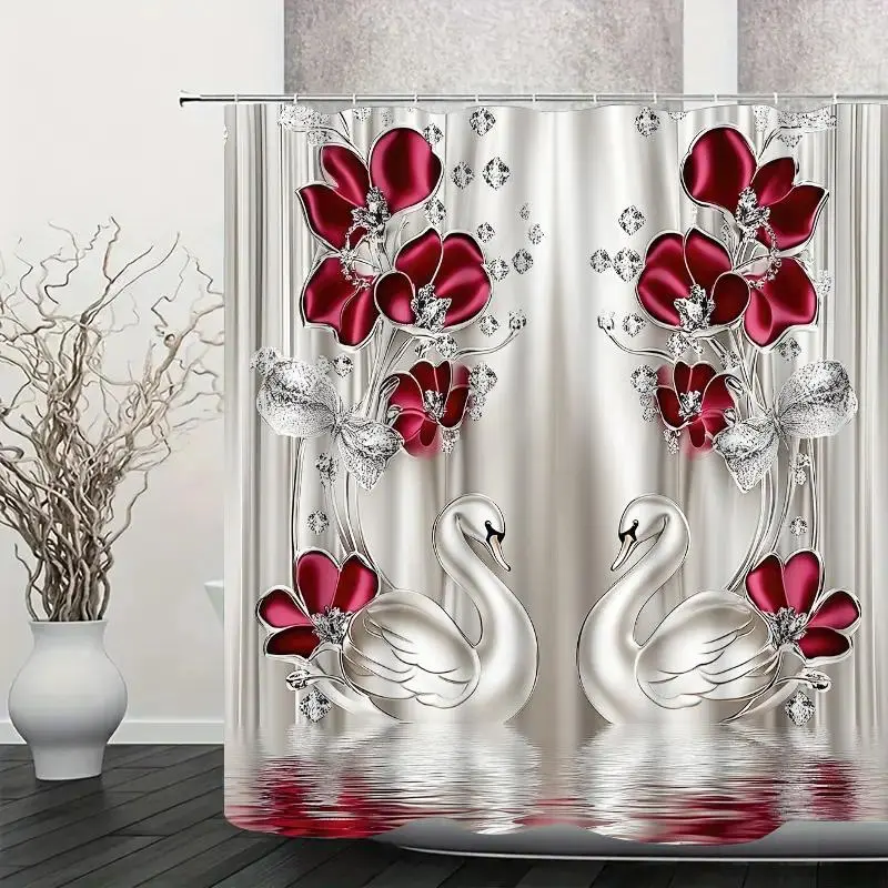 Modern Floral & Swan Art Geometric Polyester Shower Curtain Set - Silver, Waterproof Bathroom Decor with Toilet Lid Cover, Hooks, Nature-Inspired Bath Supplies