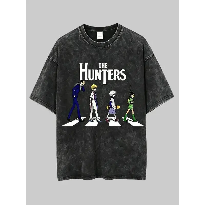 Vintage Hunter x Hunter Anime Shirt Abbey Road Parody Graphic Tee Oversized Retro Washed T-Shirt The Hunters Streetwear Distressed Top for Men Women