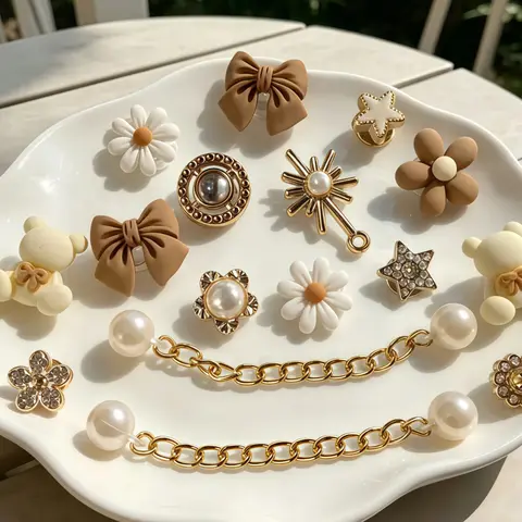 16 Pcs Chain Bear Flower Bow Star Charms, Cute Shoe Decor Set, Perfect for Beach Garden Shoes, Birthday Party Gifts, Shoe Accessories