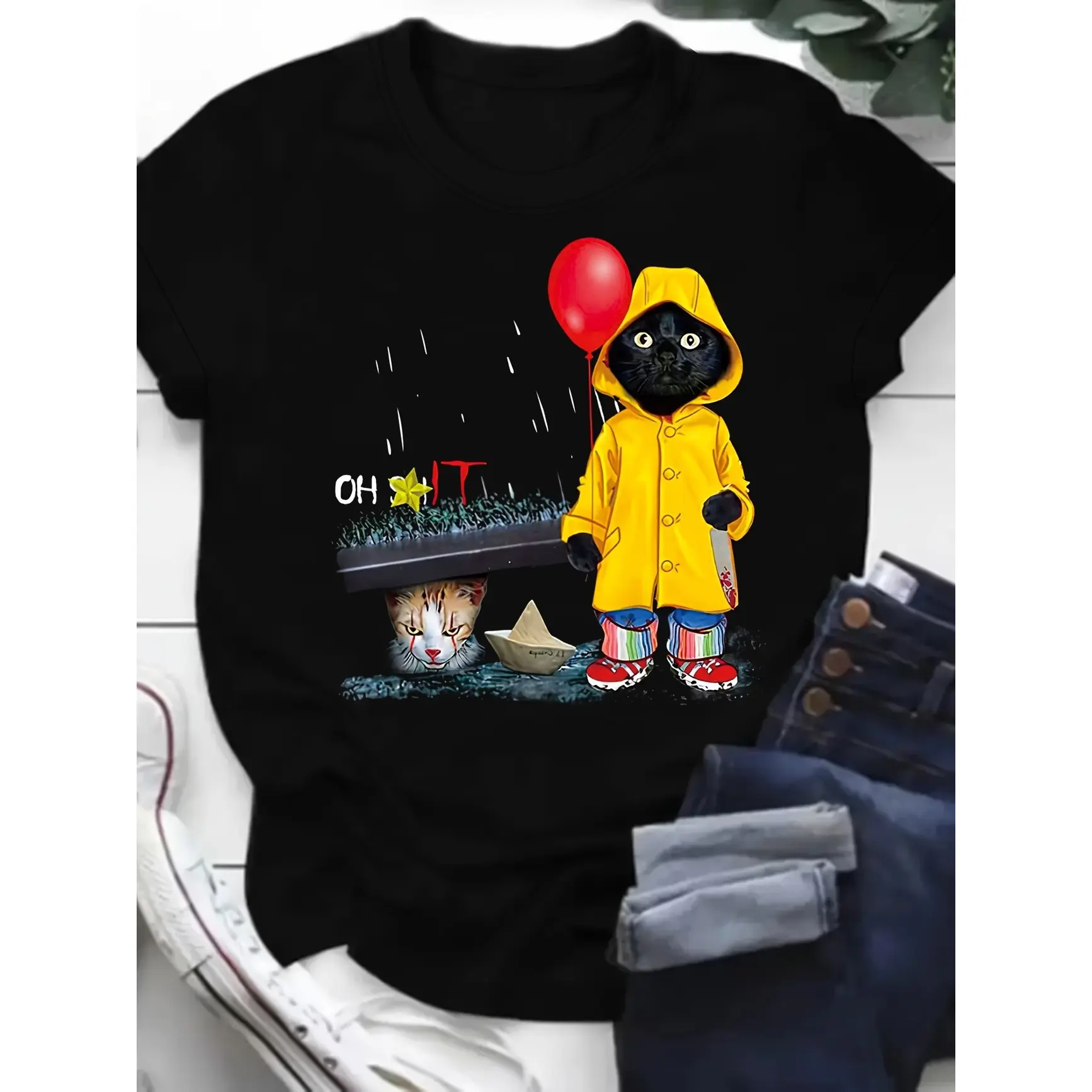 Men's Short-Sleeve Oversized Comfort Cotton T-Shirt, Classic Horror Pennywise Cat & Balloon Graphic, Casual Comfy Halloween Outfit, Ideal Gift for Friends & Family