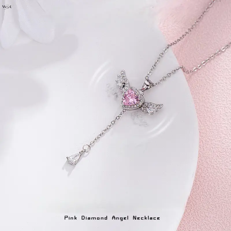 45cm Angel Wing Heart Lariat Drop Necklace 3 Crystal Colors Pink White Blue, Pave Rhinestone Wing Pendant Y-Shape Dangling Design, Sweet Romantic Daily Dating Layered Neck Jewelry Women Gift