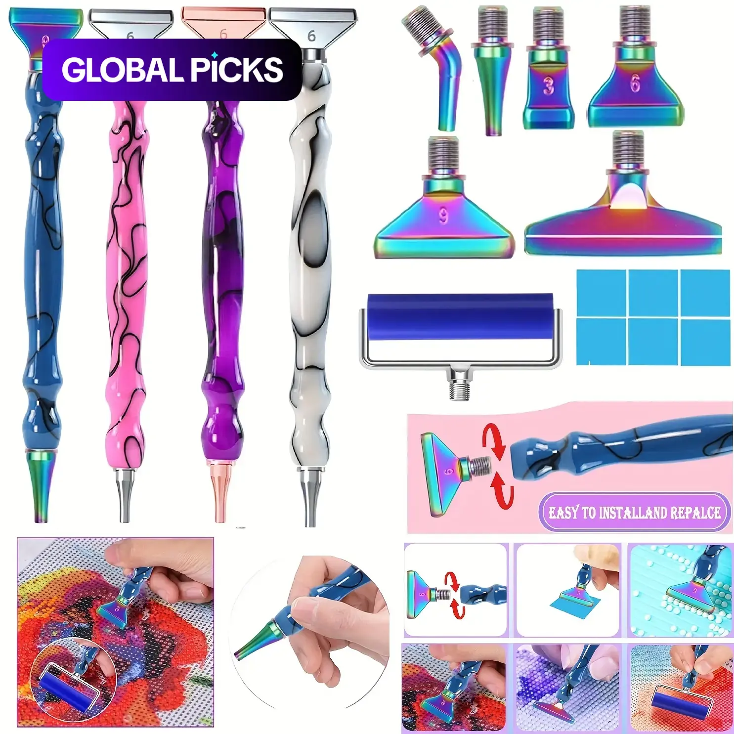 DIY Diamond Painting Tool Set, Diamond Art Craft Tools Including 6 Stainless Steel Tips, Drill Pen, Clay Blocks, Rolling Wheel and Storage Box, High-Quality Resin Pens